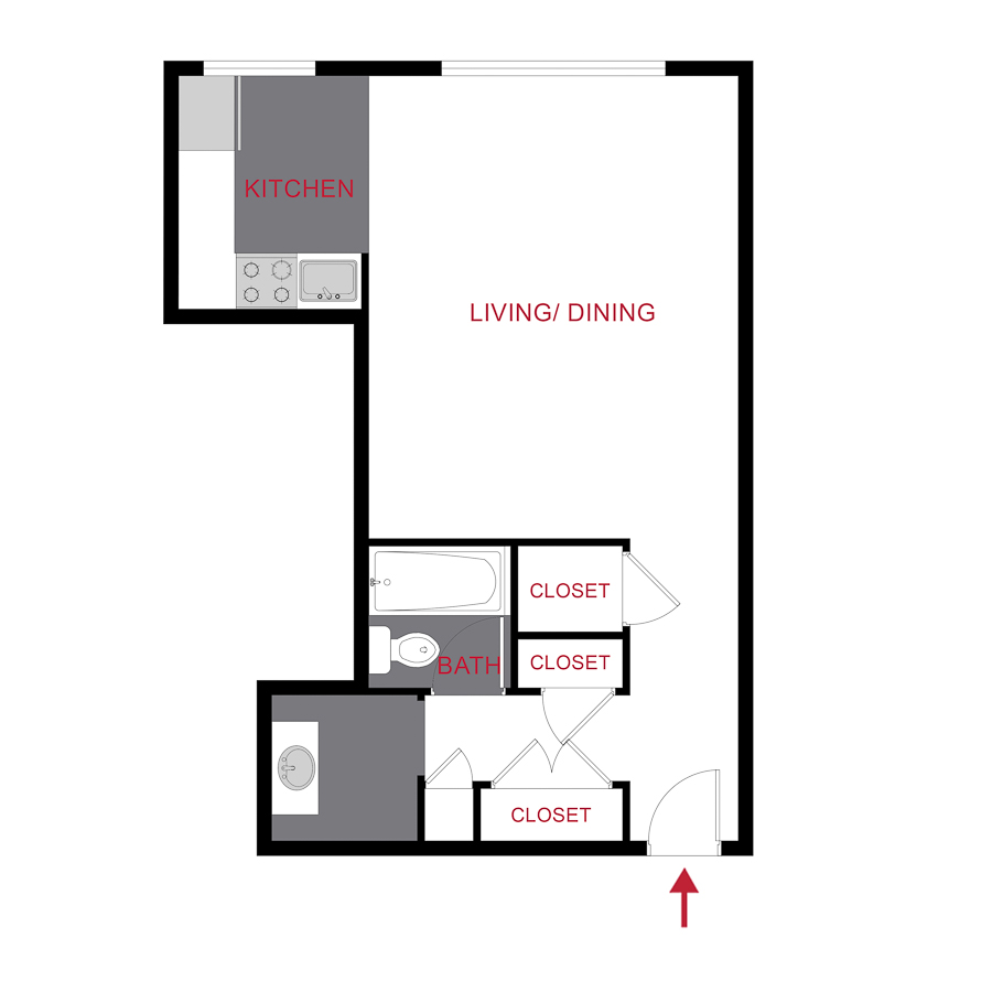 Rendering of the 880 Dexter - Studio floor plan with a Studio bedroom and 1 bathroom[s] at The Dexters & Dahlias