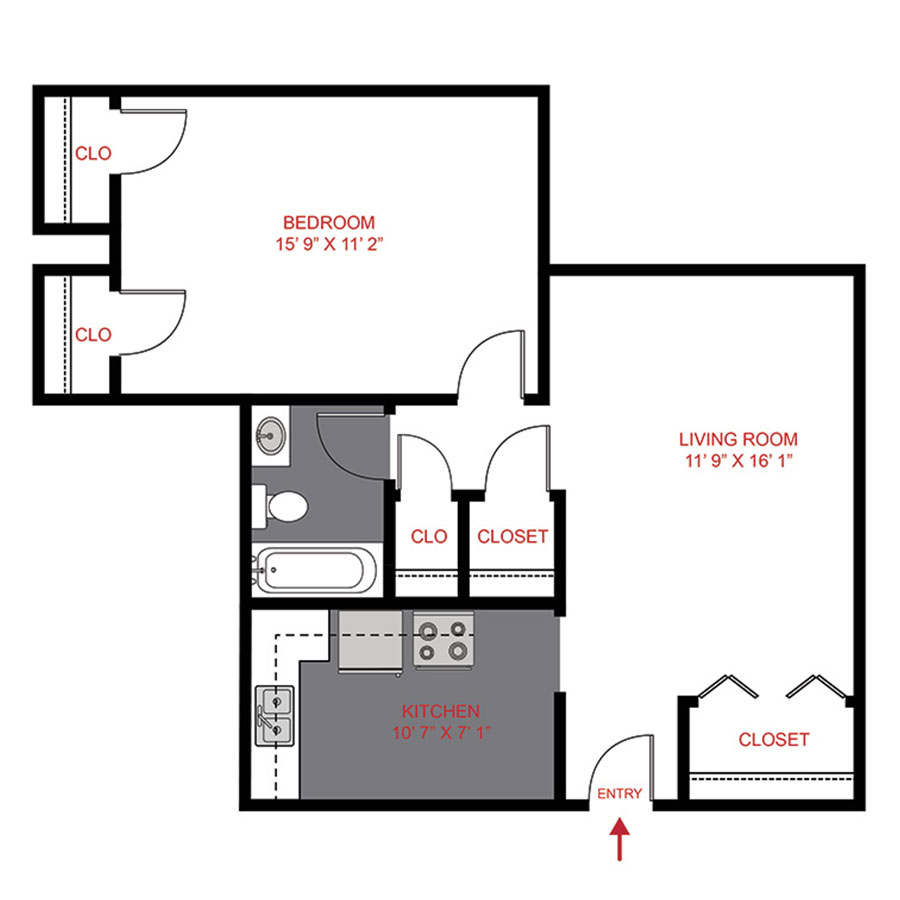 Rendering of the A1 floor plan with 1 bedroom[s] and 1 bathroom[s] at The Ash
