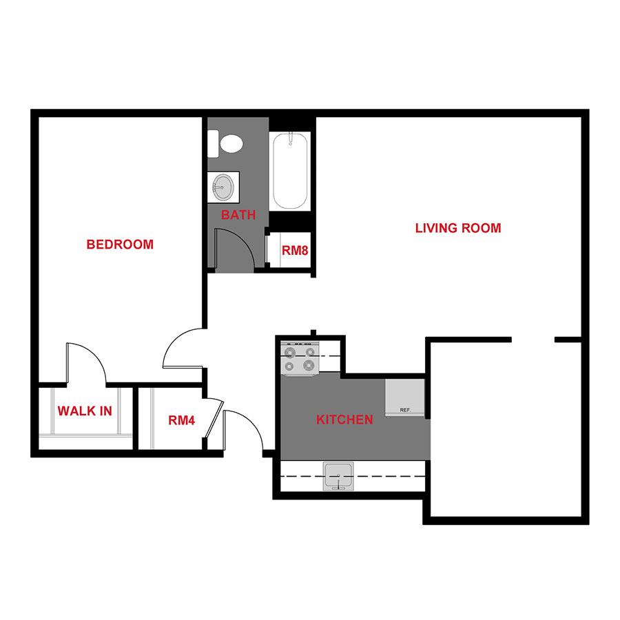 Rendering of the 1373 One Bedroom floor plan with 1 bedroom[s] and 1 bathroom[s] at 1357 & 1373 Cook