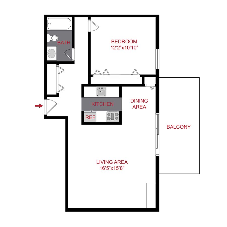 Rendering of the a3 floor plan with 1 bedroom[s] and 1 bathroom[s] at 950 Lafayette