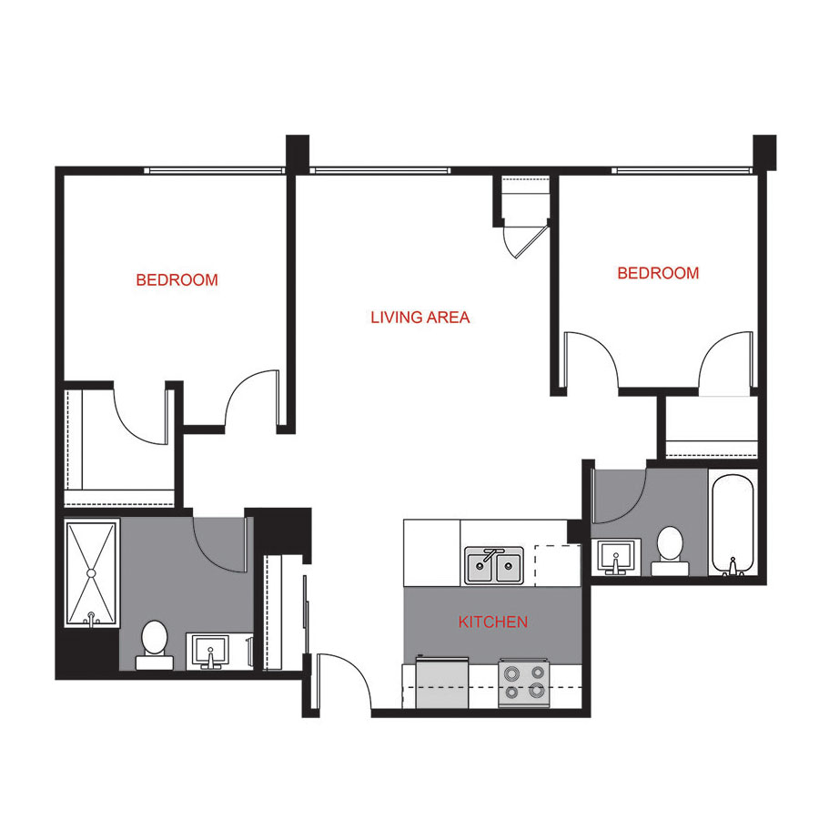 Rendering of the Plan B1 floor plan with 2 bedroom[s] and 2 bathroom[s] at 1375 High