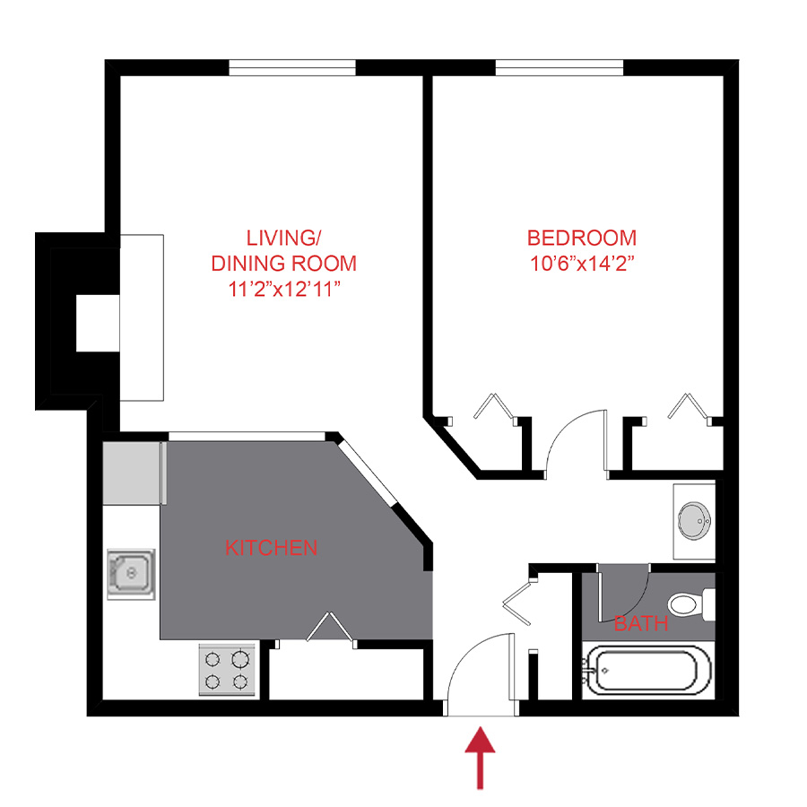 Rendering of the A3 floor plan with 1 bedroom[s] and 1 bathroom[s] at 1360 Williams
