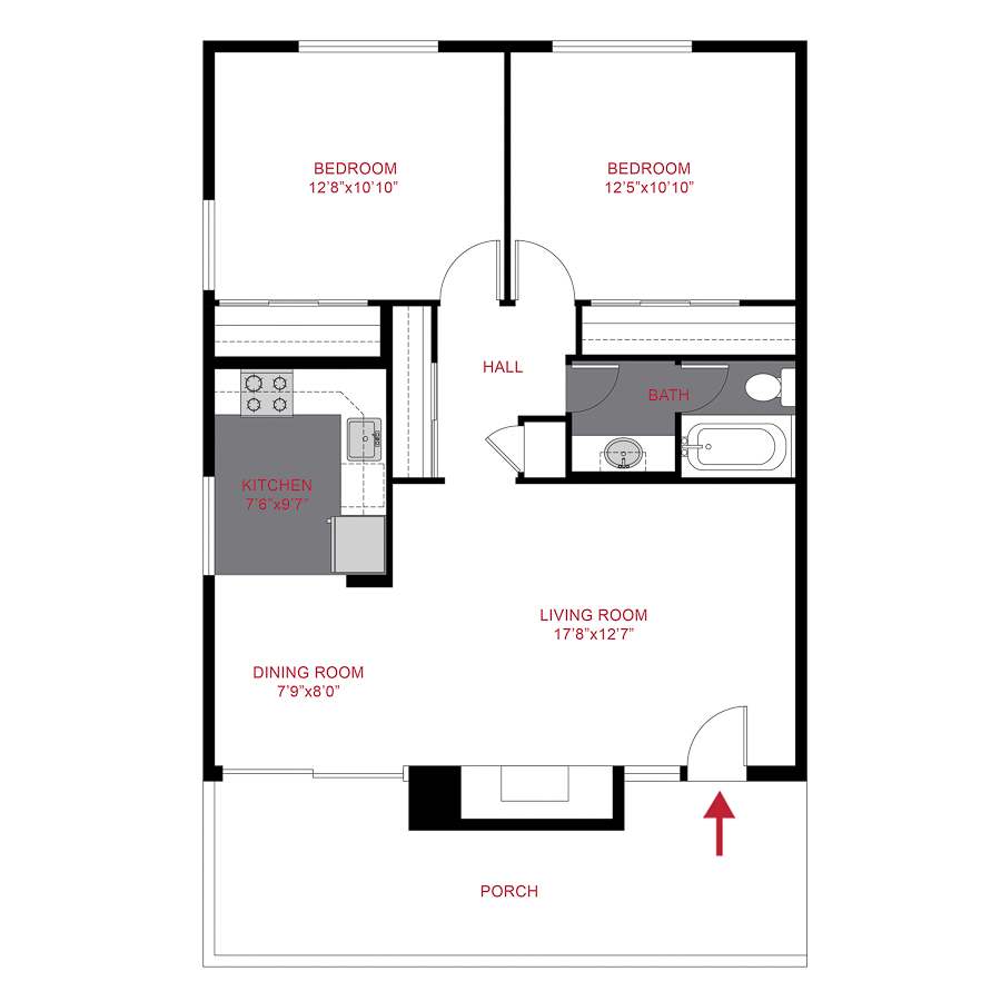 Rendering of the 825 Dahlia - Plan B2 floor plan with 2 bedroom[s] and 1 bathroom[s] at The Dexters & Dahlias