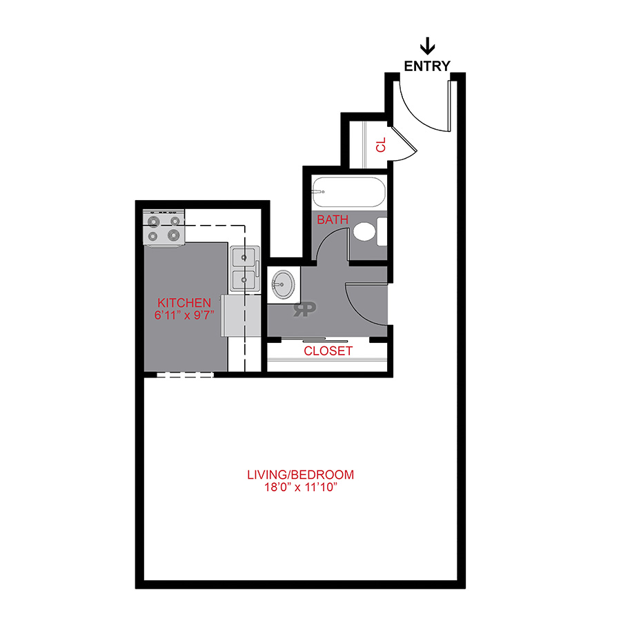 Rendering of the Plan S - Studio floor plan with a Studio bedroom and 1 bathroom[s] at 1190 Birch