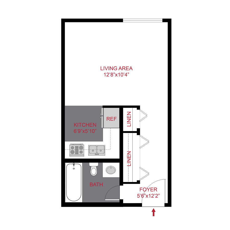 Rendering of the Plan S - Studio floor plan with a Studio bedroom and 1 bathroom[s] at 1430 Humboldt