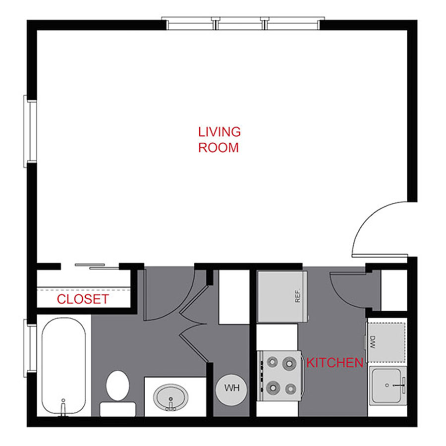 Rendering of the 1145 S1 - Studio floor plan with a Studio bedroom and 1 bathroom[s] at 1145 & 1153 Ogden