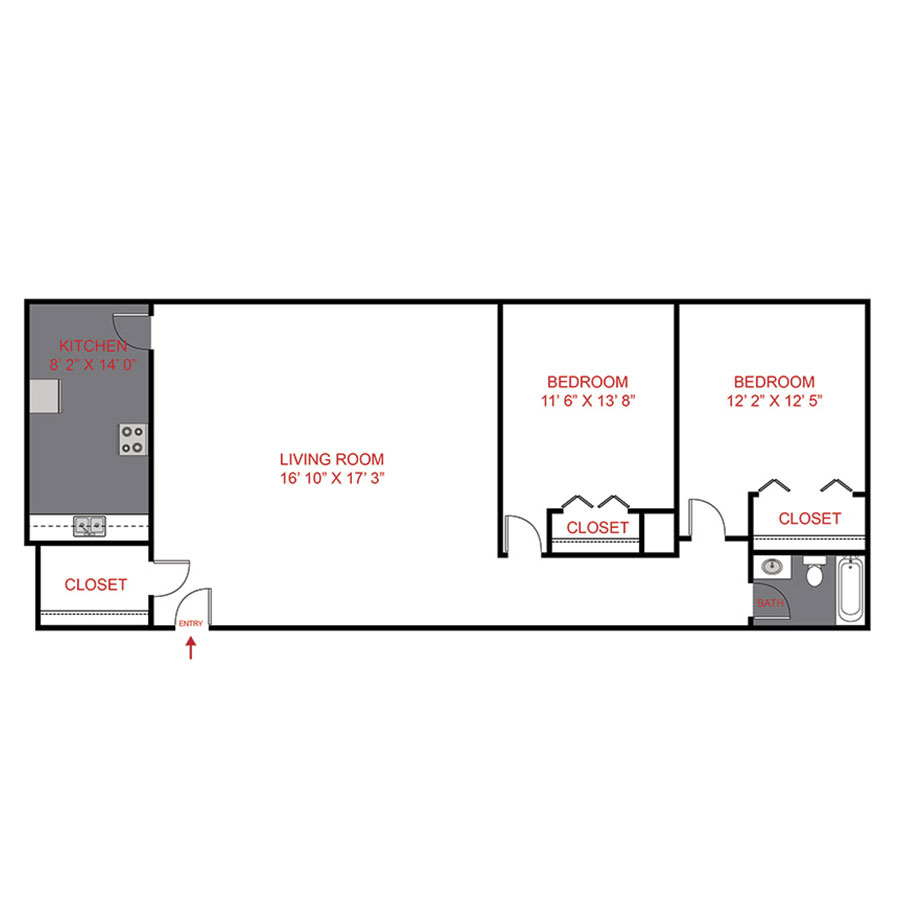 Rendering of the B3 floor plan with 2 bedroom[s] and 1 bathroom[s] at The Ash