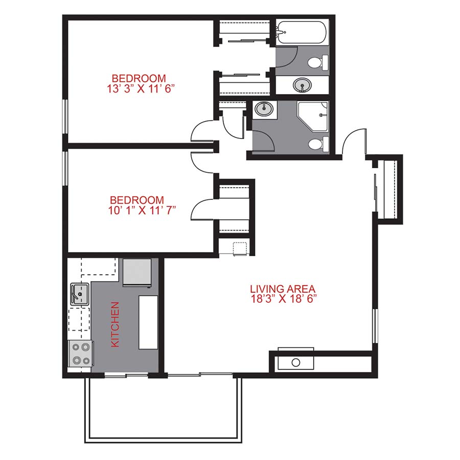 Rendering of the Plan B3 - Two Bedroom floor plan with 2 bedroom[s] and 2 bathroom[s] at 515 Clarkson