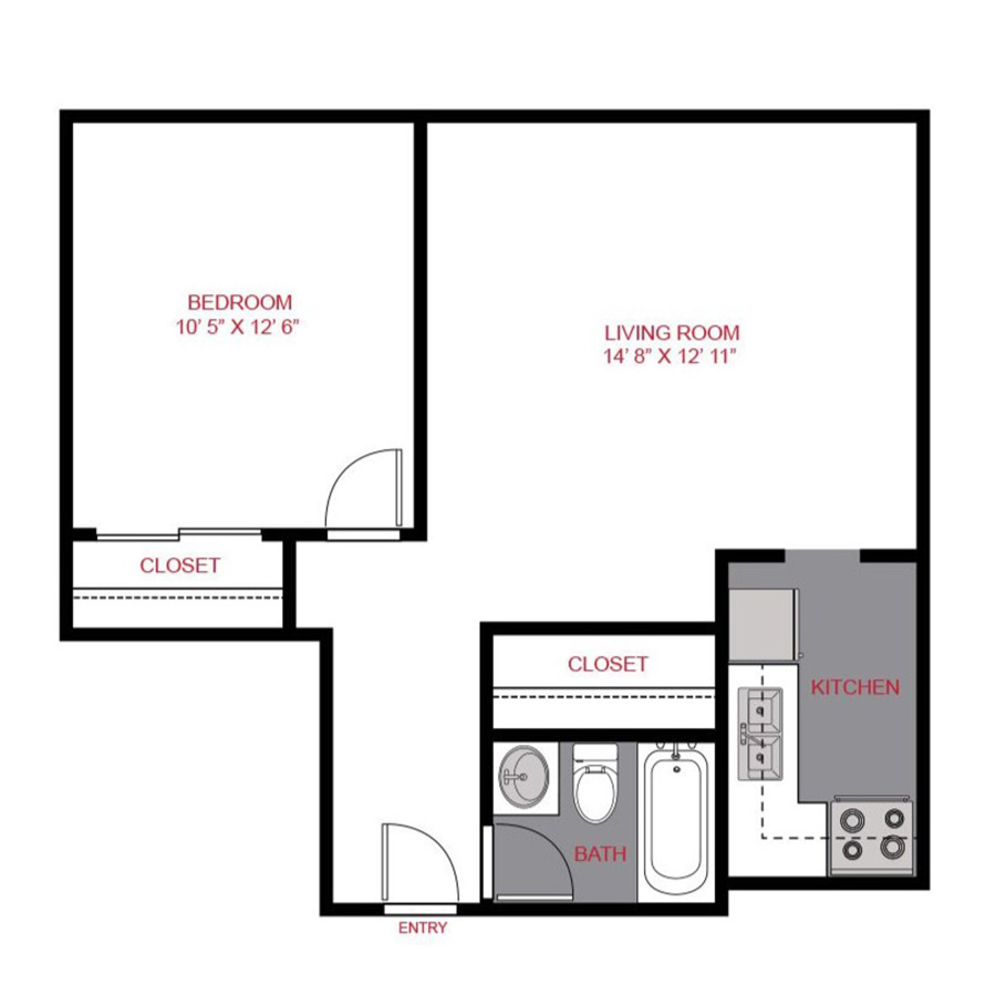 Rendering of the A4 floor plan with 1 bedroom[s] and 1 bathroom[s] at 10 S Penn