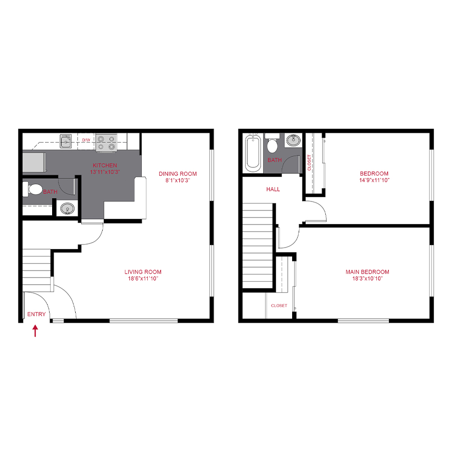 Rendering of the 2 Bedroom Townhome floor plan with 2 bedroom[s] and 1.5 bathroom[s] at Trace & Trace West