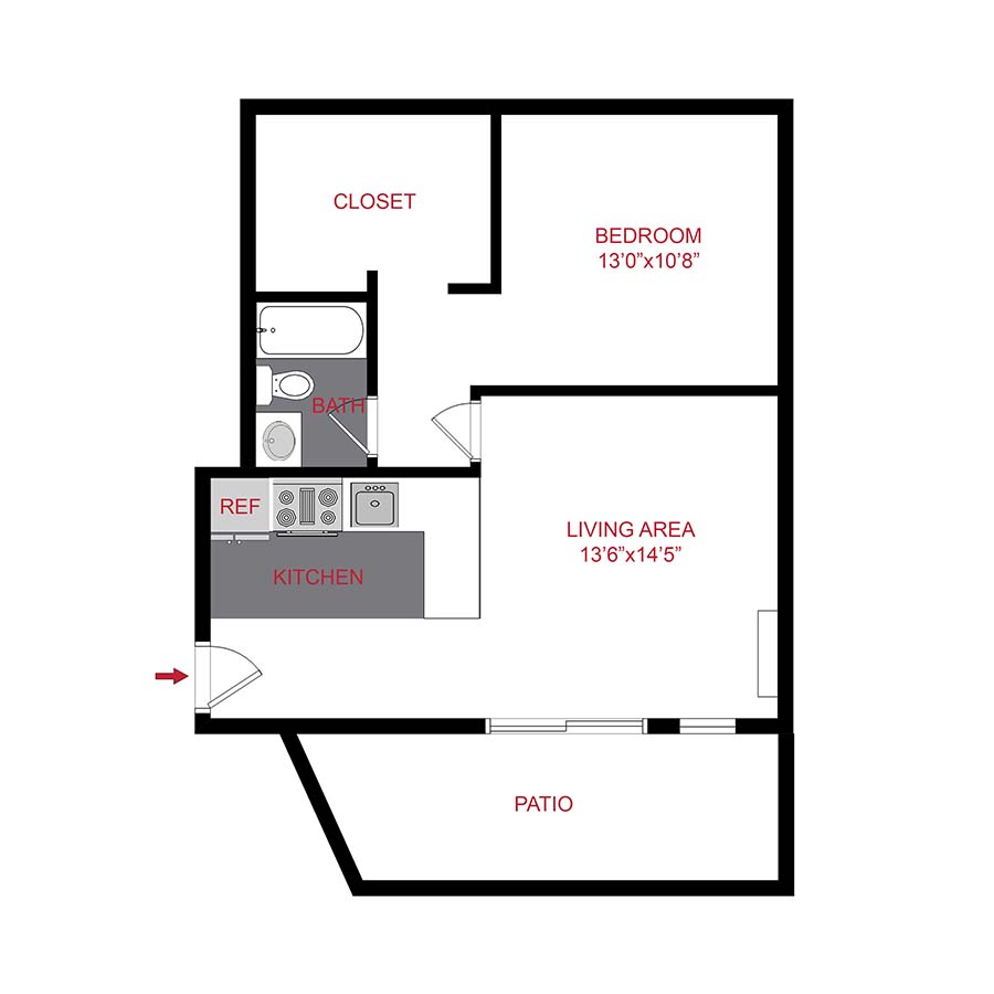Rendering of the a1 floor plan with 1 bedroom[s] and 1 bathroom[s] at 950 Lafayette