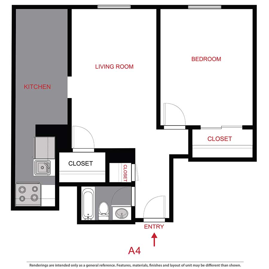 Rendering of the A4 floor plan with 1 bedroom[s] and 1 bathroom[s] at 899 Washington