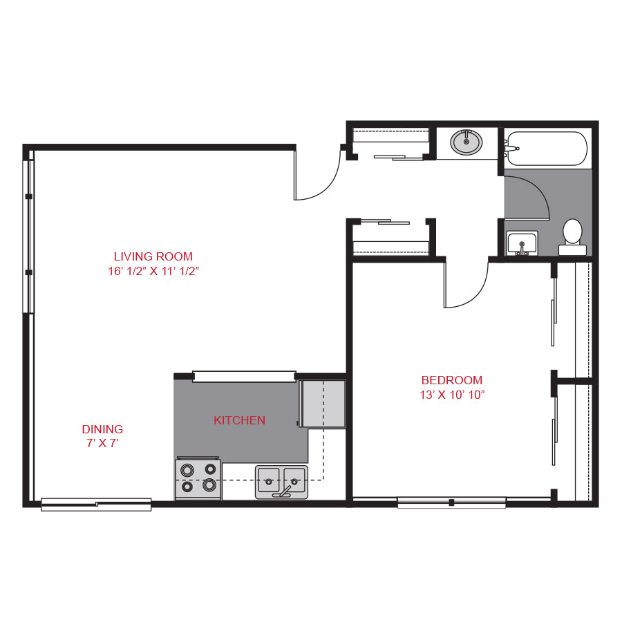 Rendering of the Plan A - One Bedroom floor plan with 1 bedroom[s] and 1 bathroom[s] at 1435 Franklin