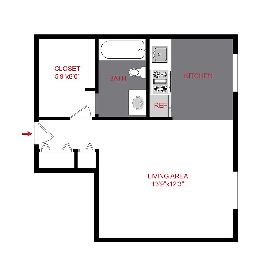 Rendering of the s3 floor plan with a Studio bedroom and 1 bathroom[s] at 950 Lafayette