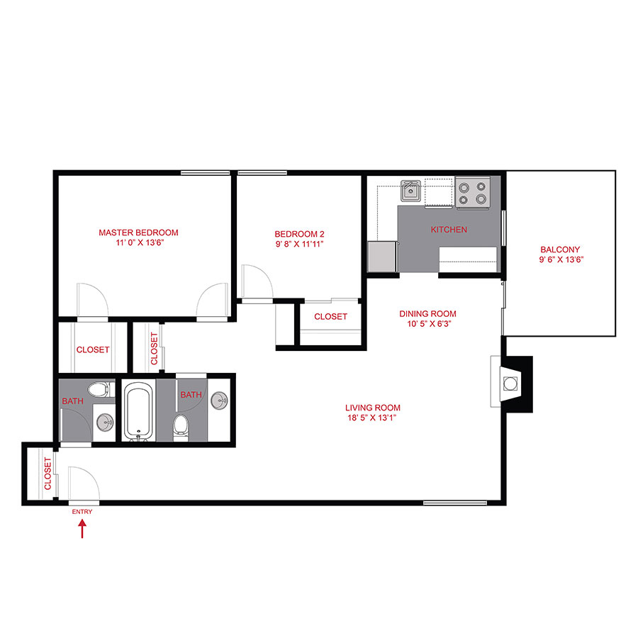 Rendering of the B1 floor plan with 2 bedroom[s] and 1.5 bathroom[s] at Story