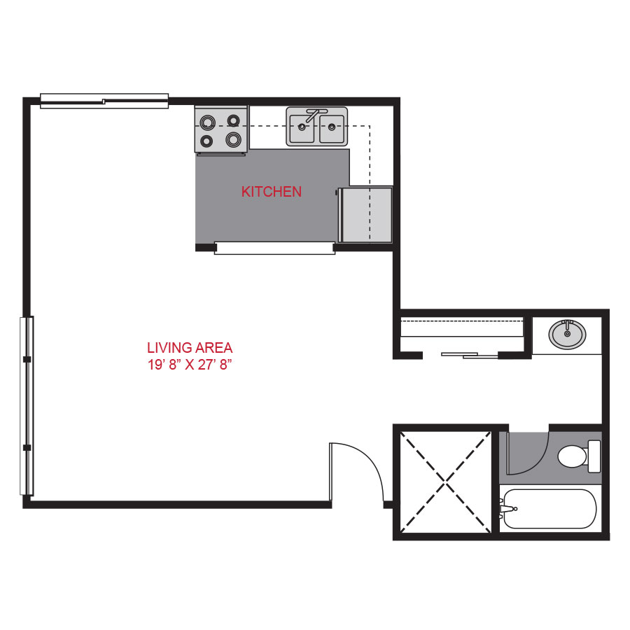 Rendering of the Plan S - Studio floor plan with a Studio bedroom and 1 bathroom[s] at 1435 Franklin