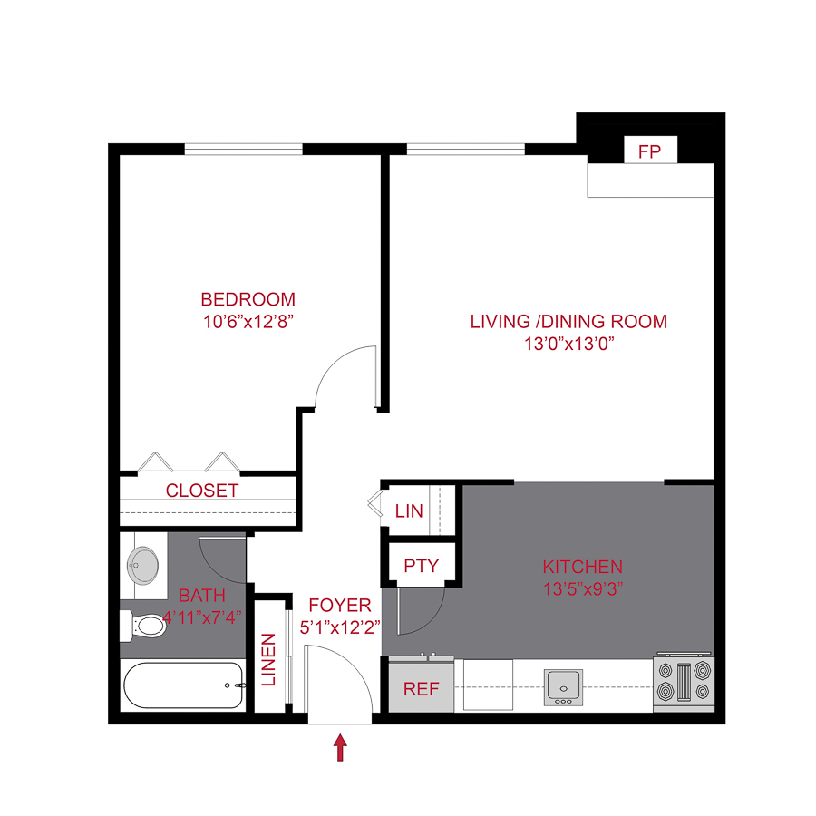 Rendering of the Plan A3 - One Bedroom floor plan with 1 bedroom[s] and 1 bathroom[s] at 1430 Humboldt