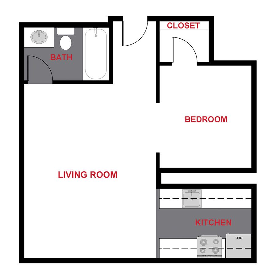 Rendering of the 1357 Studio floor plan with a Studio bedroom and 1 bathroom[s] at 1357 & 1373 Cook