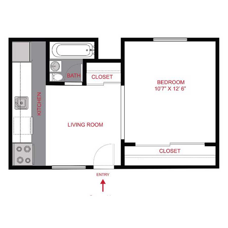 Rendering of the S1 floor plan with a Studio bedroom and 1 bathroom[s] at 1402 Race