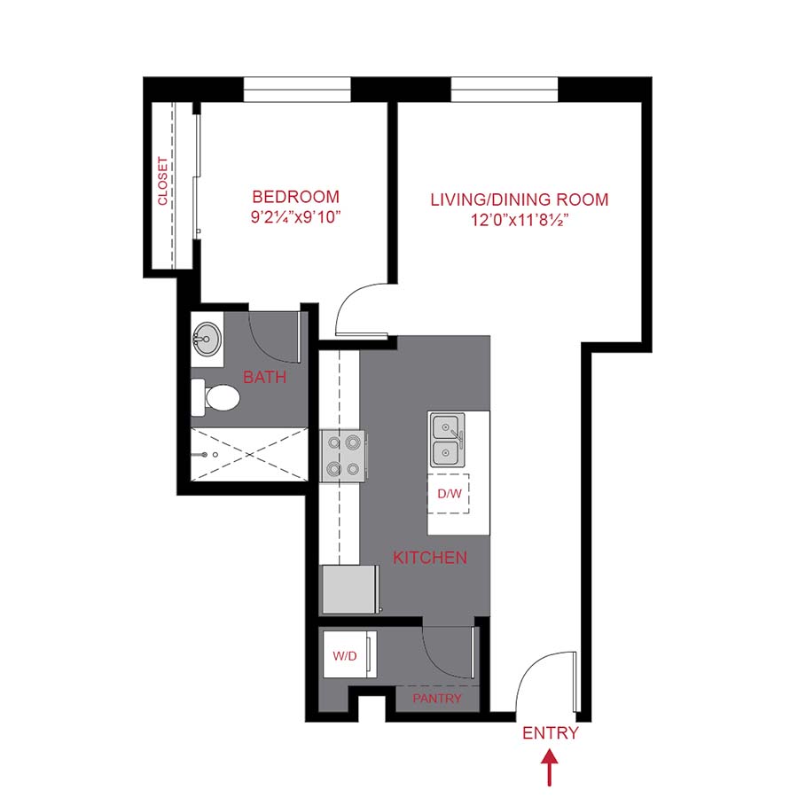 Rendering of the A5 floor plan with 1 bedroom[s] and 1 bathroom[s] at 1280 Lafayette
