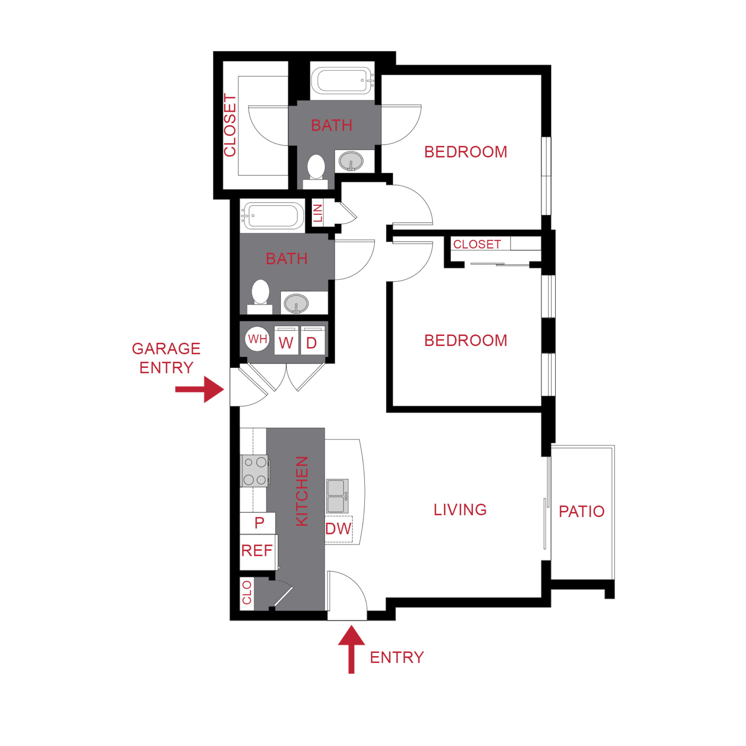 Rendering of the B1 floor plan with 2 bedroom[s] and 2 bathroom[s] at Monaco Row