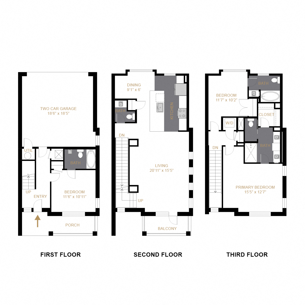 Rendering of the The Marquee floor plan with 3 bedroom[s] and 3.5 bathroom[s] at Allyson Townhomes