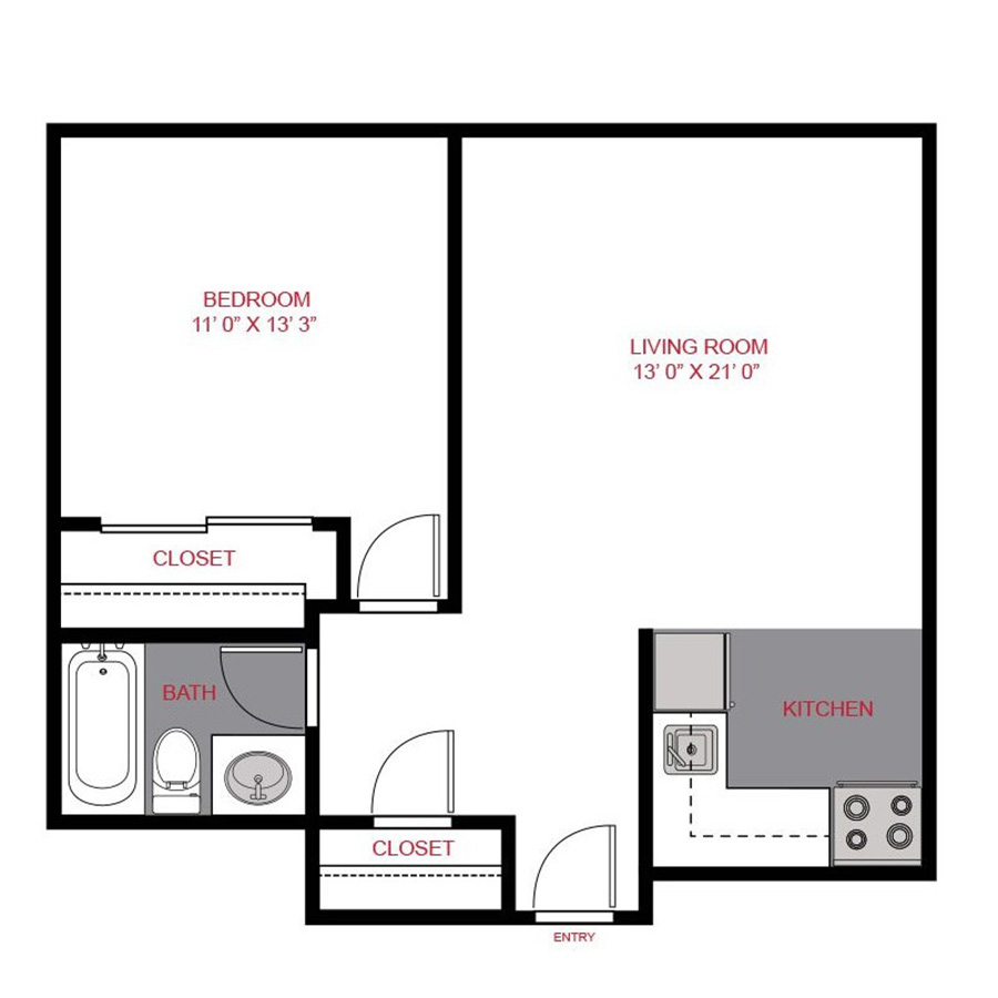 Rendering of the A3 floor plan with 1 bedroom[s] and 1 bathroom[s] at 10 S Penn