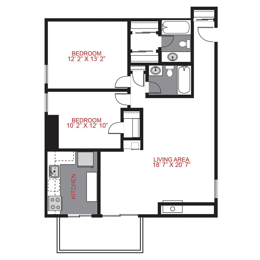 Rendering of the Plan B2 - Two Bedroom floor plan with 2 bedroom[s] and 2 bathroom[s] at 515 Clarkson