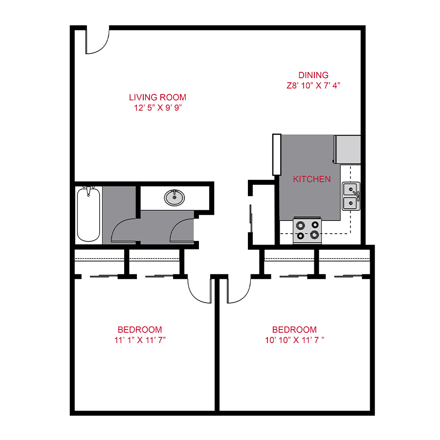 Rendering of the 833 Dexter - Plan B floor plan with 2 bedroom[s] and 1 bathroom[s] at The Dexters & Dahlias