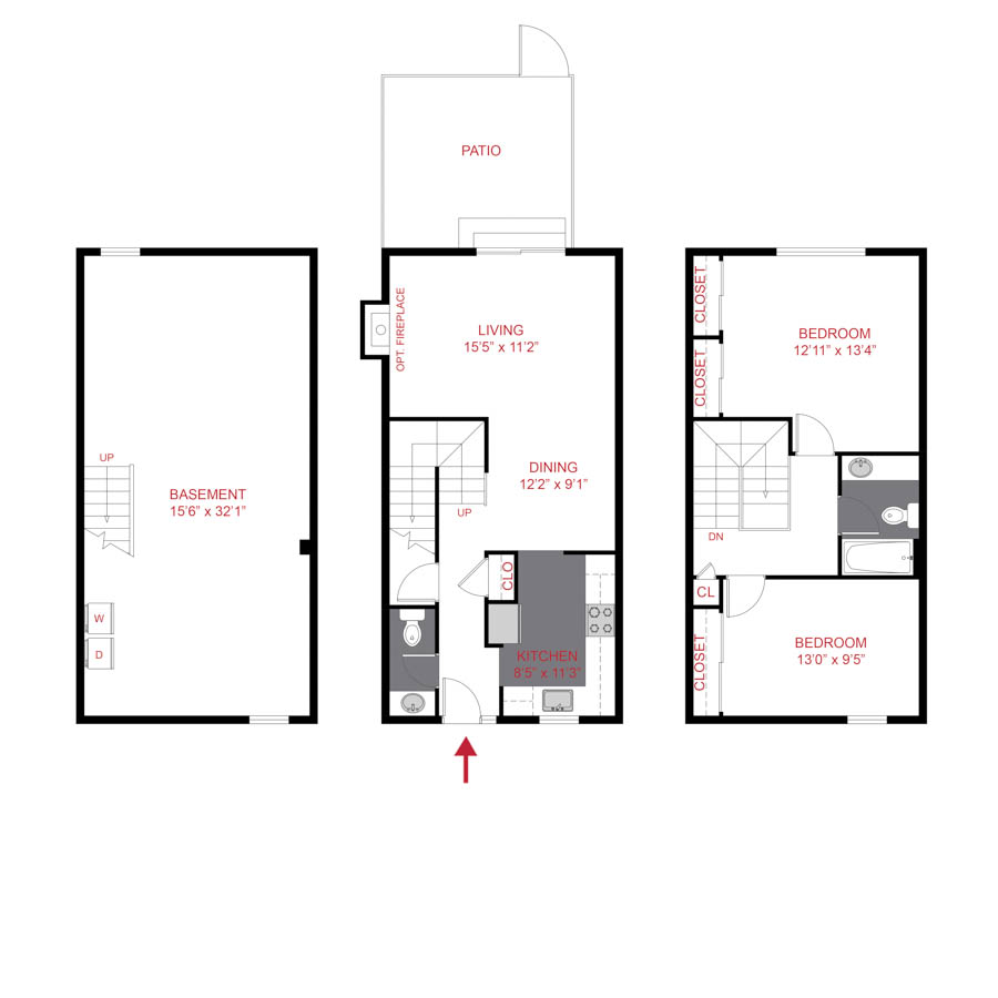 Rendering of the B1 floor plan with 2 bedroom[s] and 1.5 bathroom[s] at Elowyn