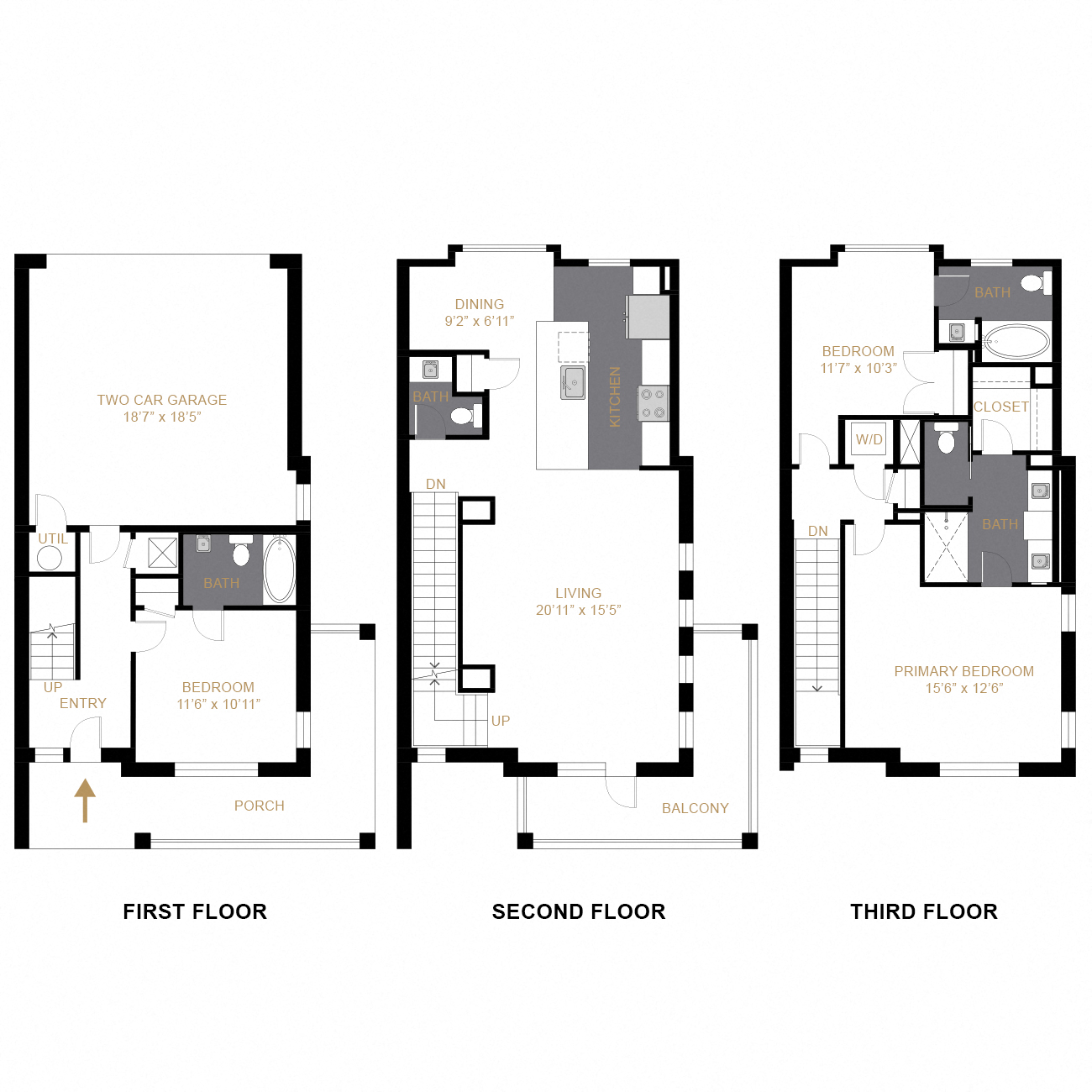 Rendering of the The Encore floor plan with 3 bedroom[s] and 3.5 bathroom[s] at Allyson Townhomes