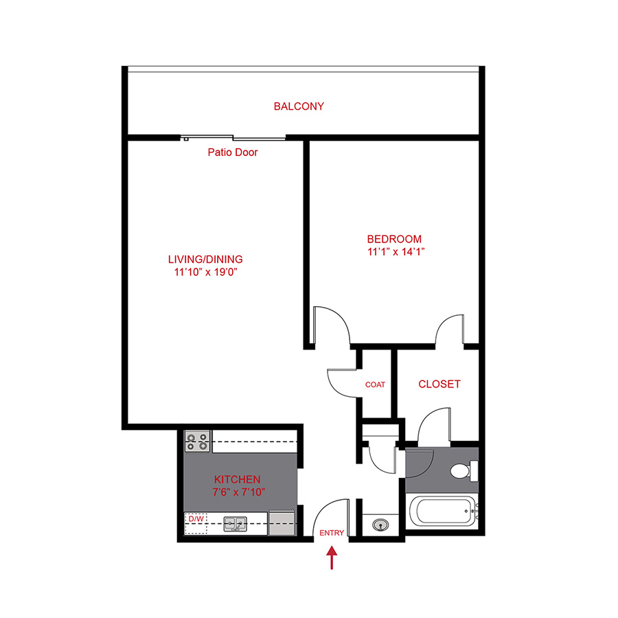 Rendering of the A1 floor plan with 1 bedroom[s] and 1 bathroom[s] at Liv on Steele