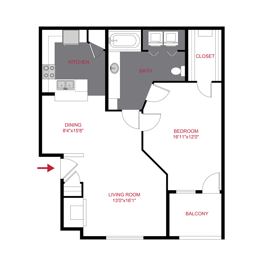 Rendering of the Westland floor plan with 1 bedroom[s] and 1 bathroom[s] at Timber Creek