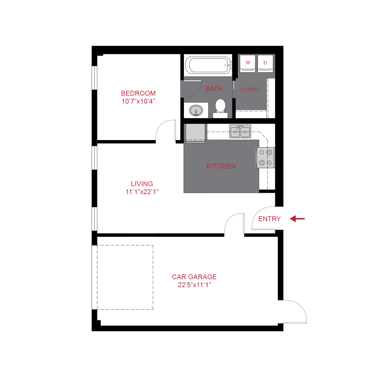 Rendering of the a3 floor plan with 1 bedroom[s] and 1 bathroom[s] at The Scot
