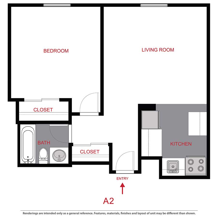 Rendering of the A2 floor plan with 1 bedroom[s] and 1 bathroom[s] at 899 Washington