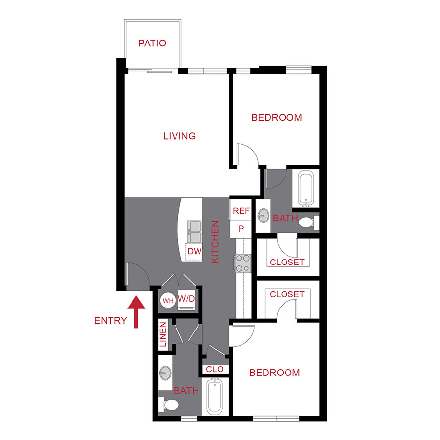 Rendering of the Plan 2B floor plan with 2 bedroom[s] and 2 bathroom[s] at Monaco Row