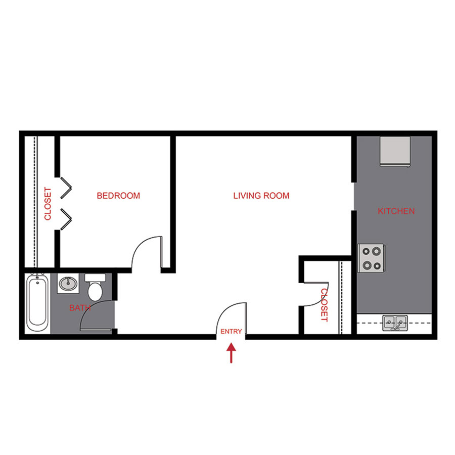 Rendering of the A2 floor plan with 1 bedroom[s] and 1 bathroom[s] at The Ash