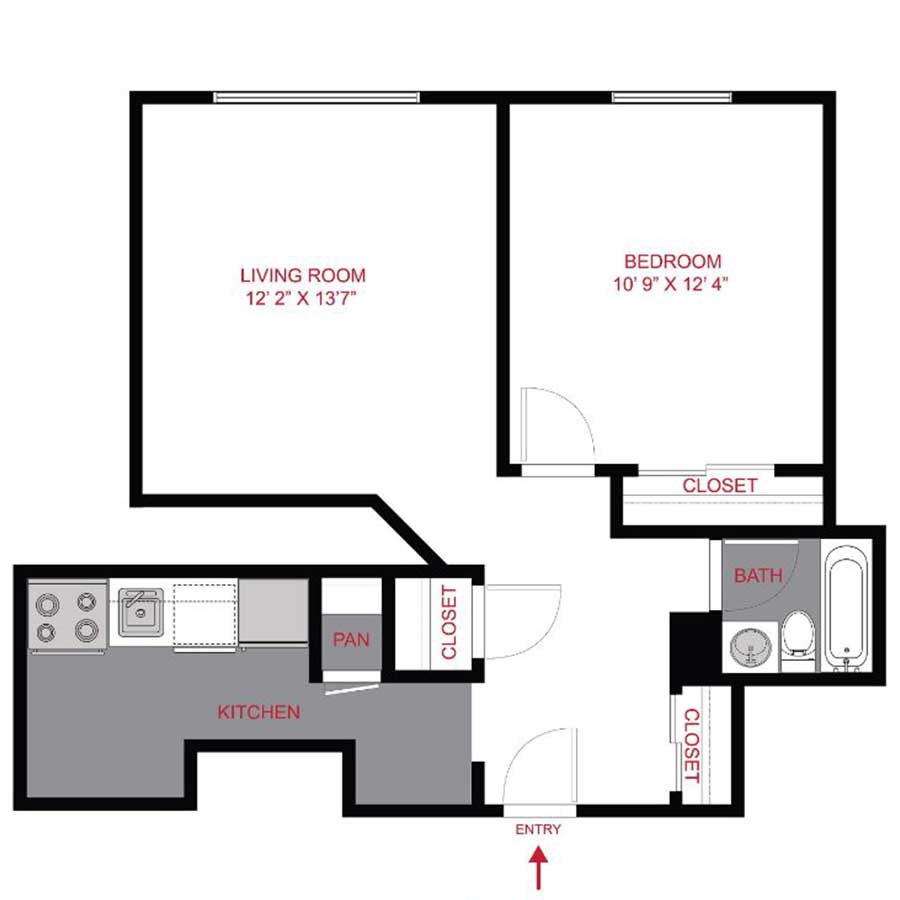 Rendering of the A1 floor plan with 1 bedroom[s] and 1 bathroom[s] at 1402 Race