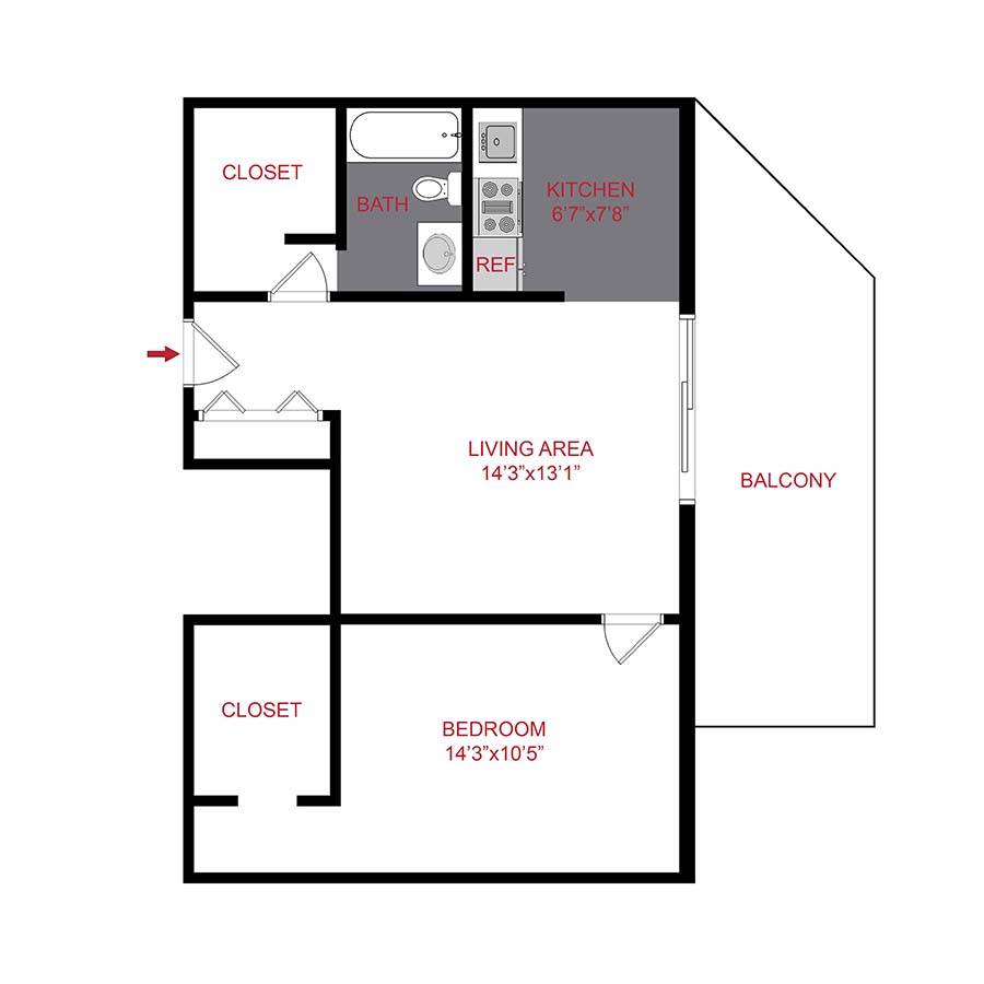 Rendering of the a4 floor plan with 1 bedroom[s] and 1 bathroom[s] at 950 Lafayette