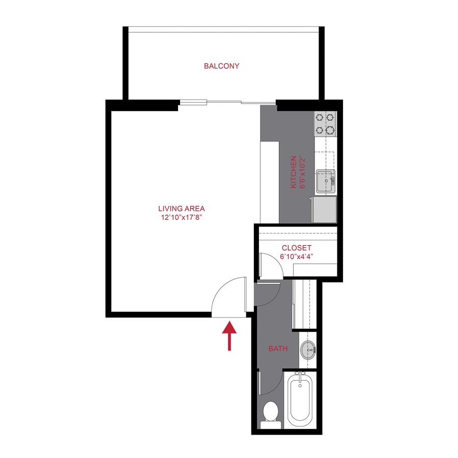 Rendering of the 825 Dahlia - Plan S1 floor plan with a Studio bedroom and 1 bathroom[s] at The Dexters & Dahlias