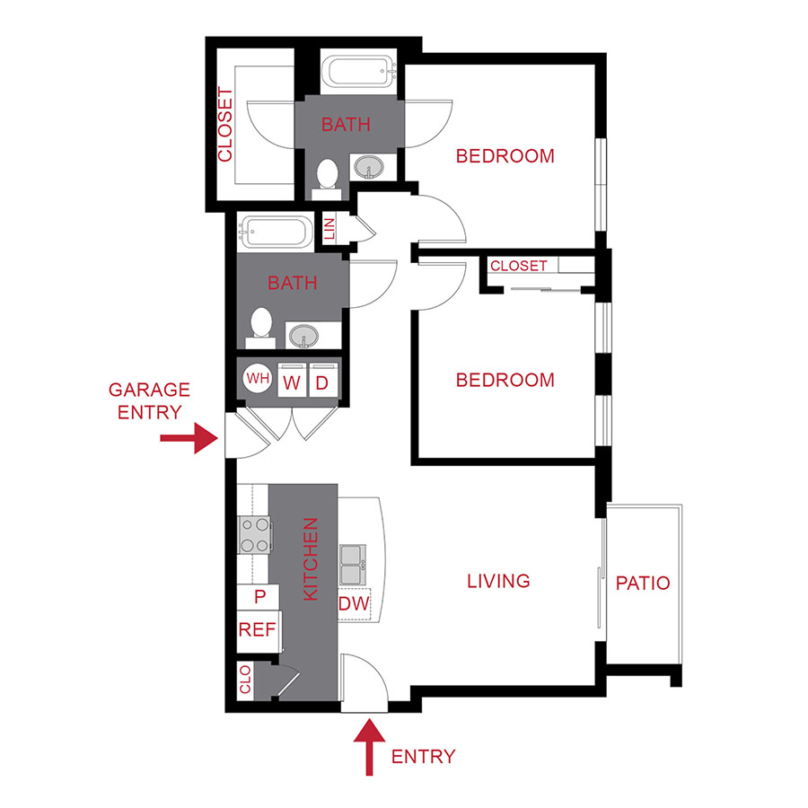 Rendering of the Plan 2A floor plan with 2 bedroom[s] and 2 bathroom[s] at Monaco Row