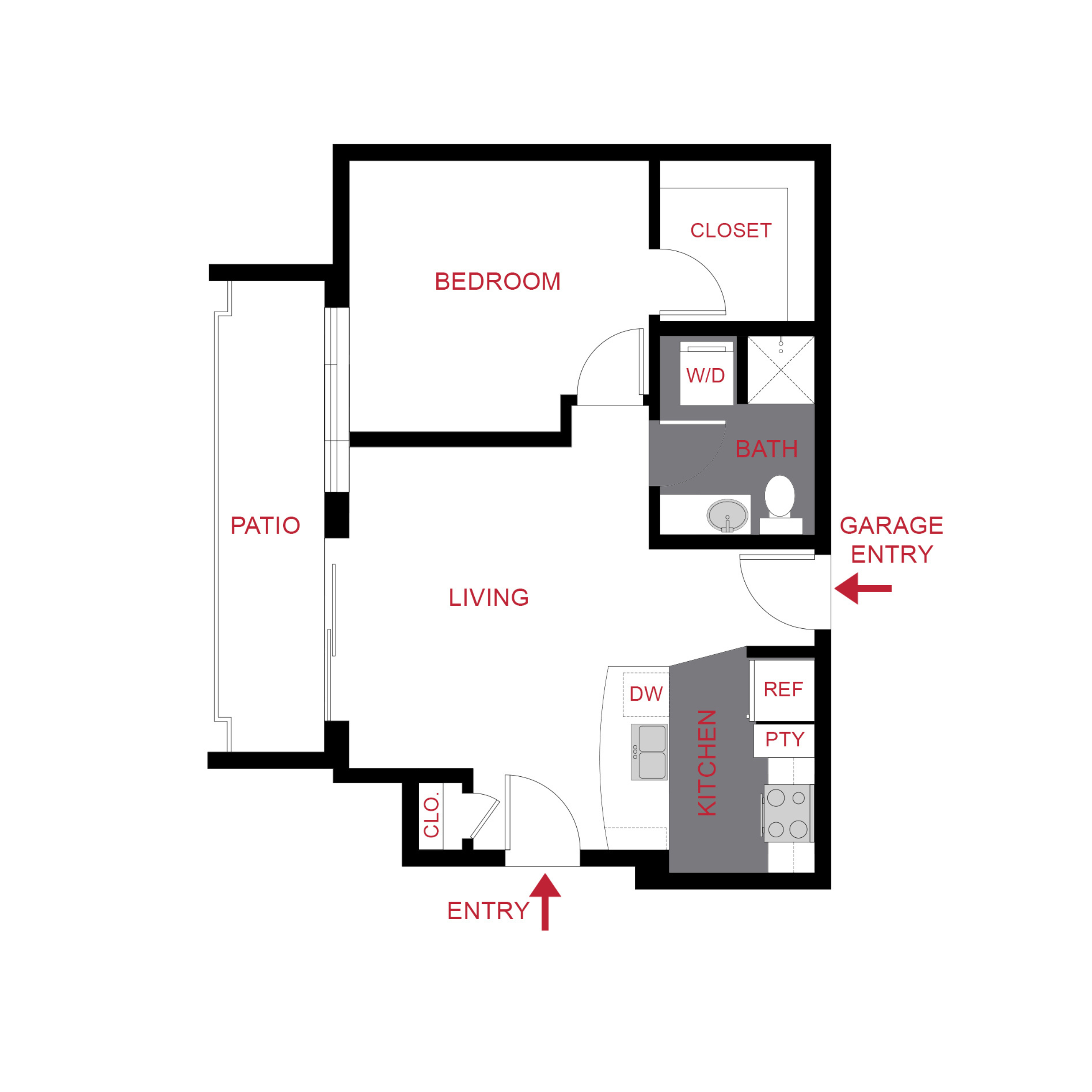 Rendering of the A3 floor plan with 1 bedroom[s] and 1 bathroom[s] at Monaco Row