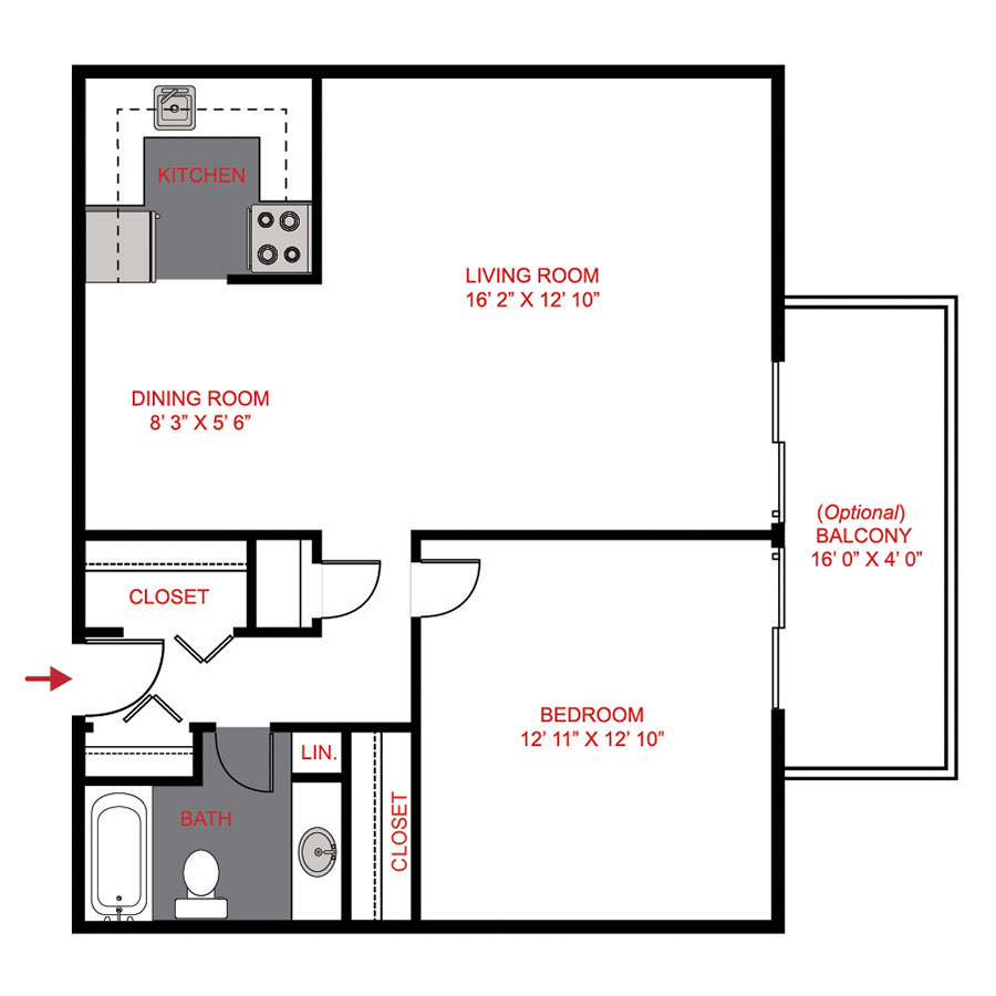Rendering of the 1x1 floor plan with 1 bedroom[s] and 1 bathroom[s] at The Brit