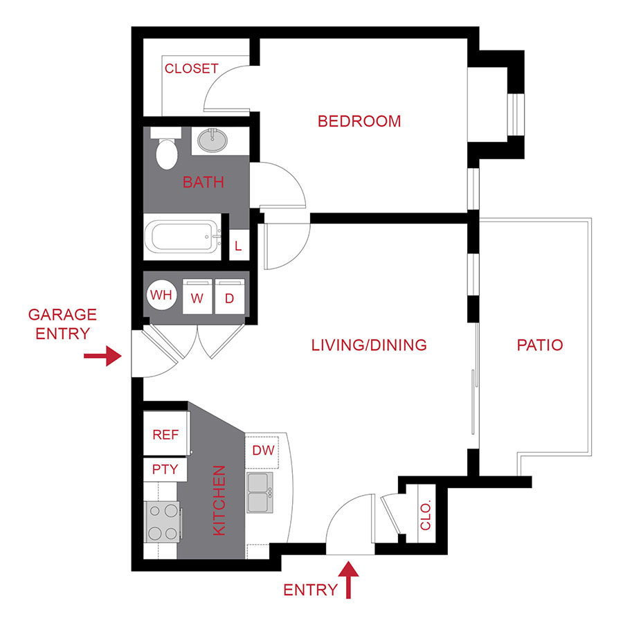 Rendering of the Plan 1C floor plan with 1 bedroom[s] and 1 bathroom[s] at Monaco Row