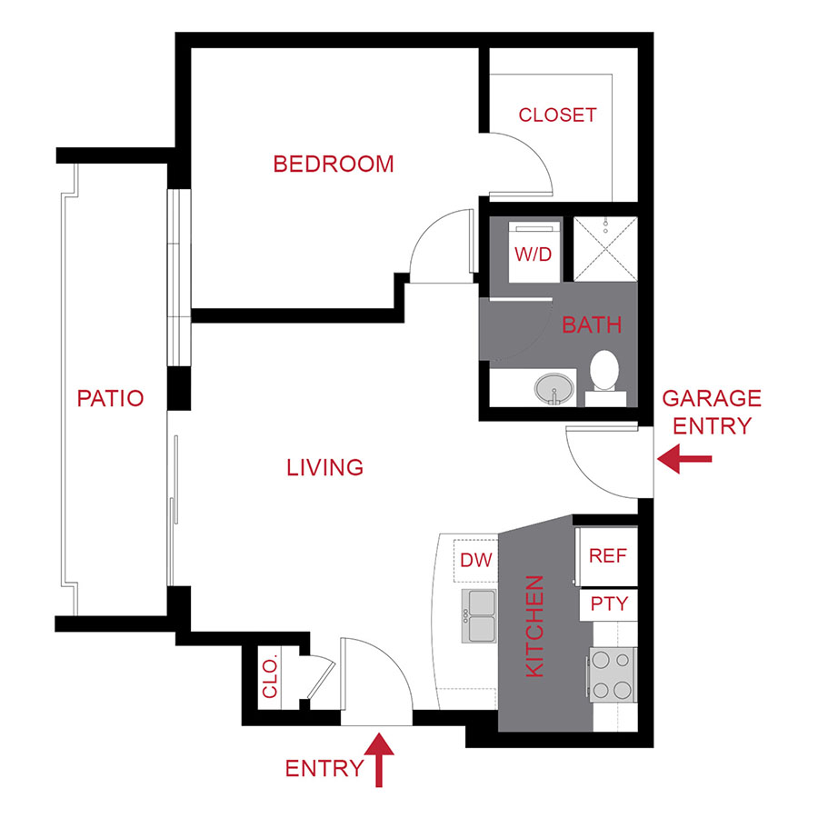 Rendering of the Plan 1B floor plan with 1 bedroom[s] and 1 bathroom[s] at Monaco Row