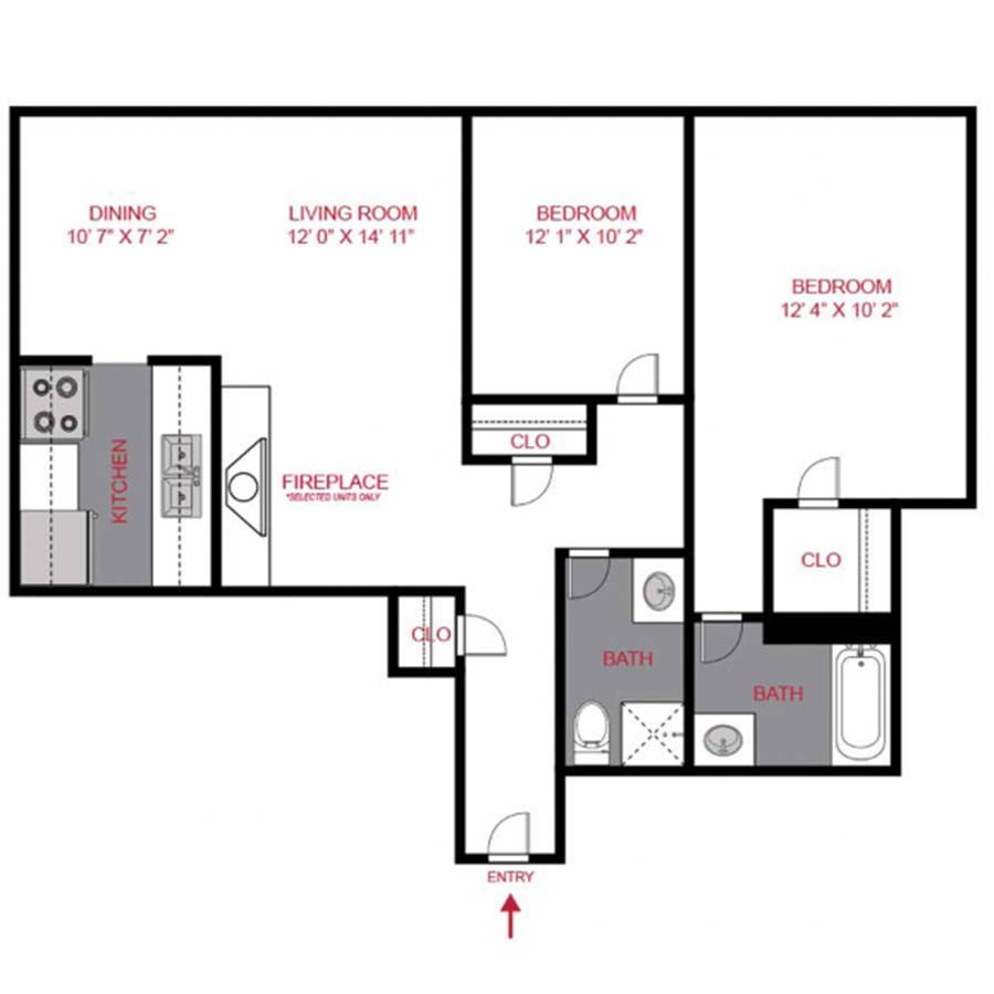 Rendering of the B3 floor plan with 2 bedroom[s] and 2 bathroom[s] at 1280 Lafayette