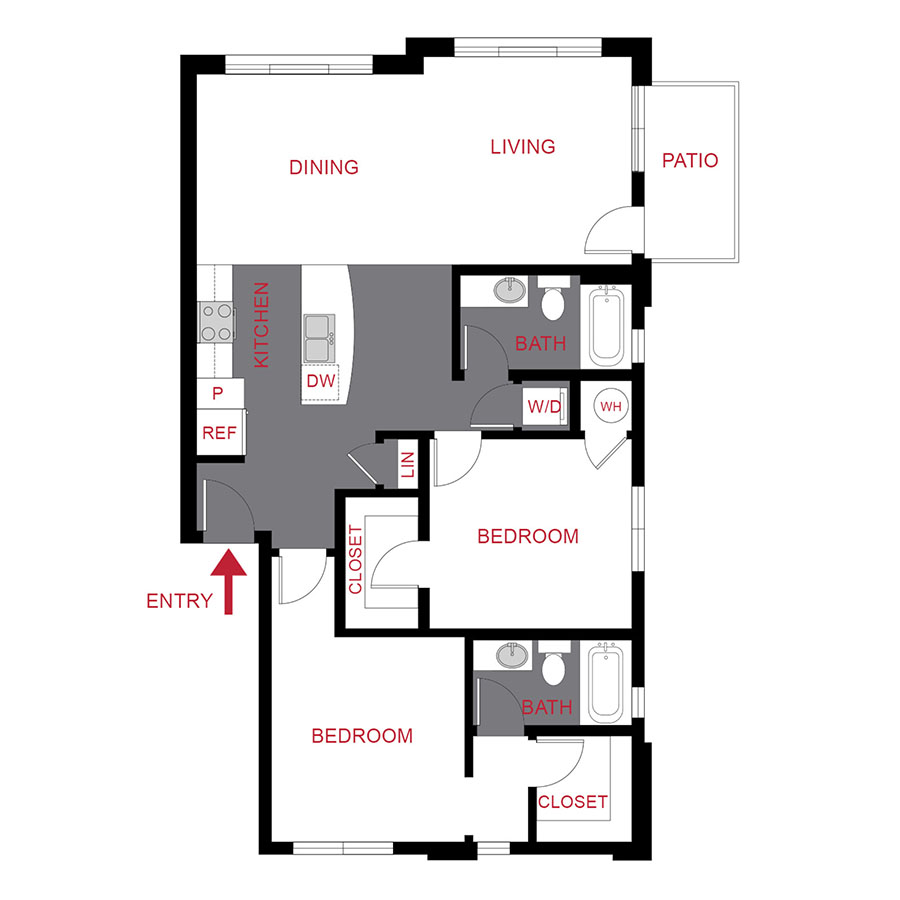 Rendering of the Plan 2C floor plan with 2 bedroom[s] and 2 bathroom[s] at Monaco Row
