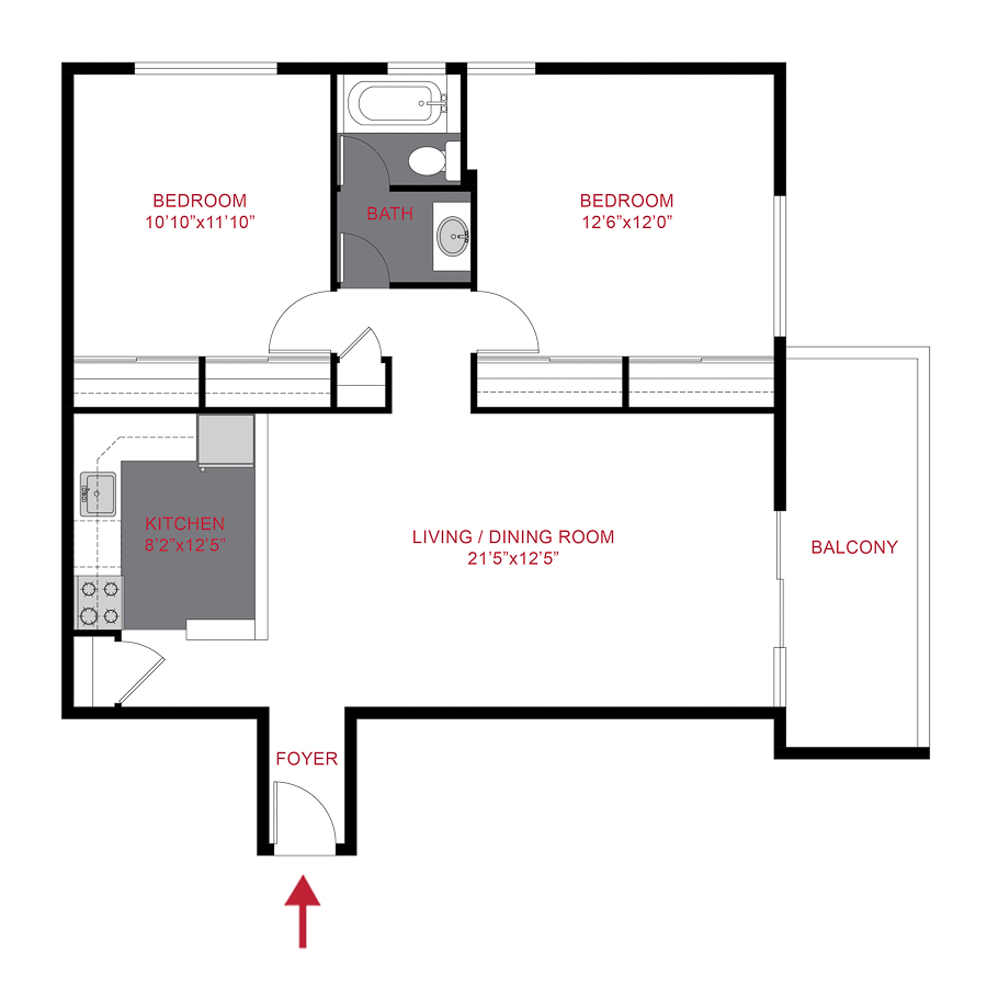 Rendering of the 825 Dahlia - Plan B3 floor plan with 2 bedroom[s] and 1 bathroom[s] at The Dexters & Dahlias