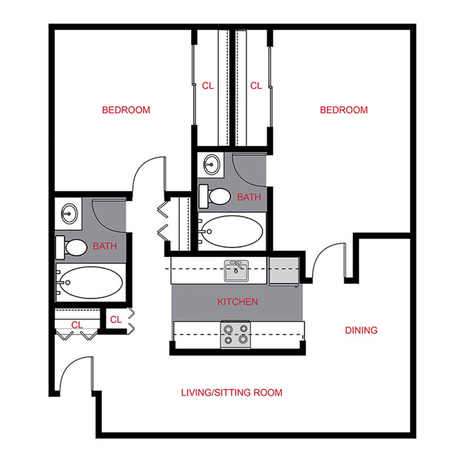 Rendering of the B3 floor plan with 2 bedroom[s] and 2 bathroom[s] at Colorado Station