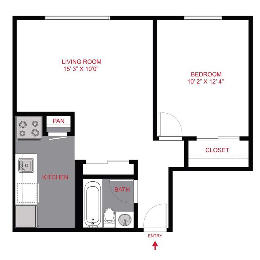 Rendering of the A2 floor plan with 1 bedroom[s] and 1 bathroom[s] at 1402 Race